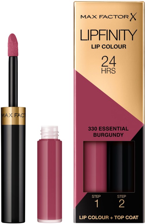 Lip gloss with applicator and a box showing the color name '330 Essential Burgundy' and product info.