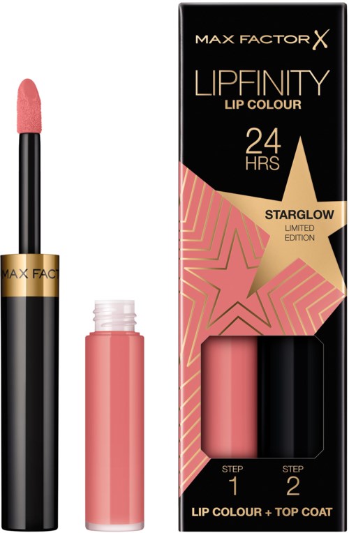 Lippenstift-Tube mit rosa Farbe und schwarzem Deckel, neben der Verpackung mit Gold-, Schwarz- und Pinksternes Design und Produktdetails.