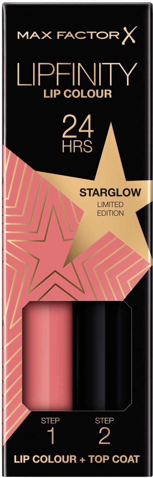 Ein Lippenstiftkarton mit zwei Farben, rosa und schwarz, namens Lipfinity, hält 24 Stunden, Limited Edition, Star Glow.