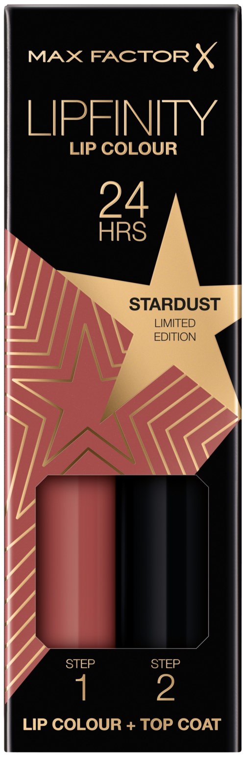 A black box with lipstick shades, one pink and one black, labeled for different steps of application, named Stardust.