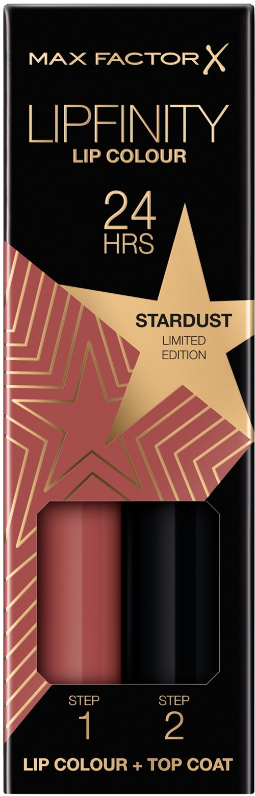 Max Factor Lipfinity lip color packaging shows a tube of lipstick, gold star, and text about long-lasting color, 24 hours.