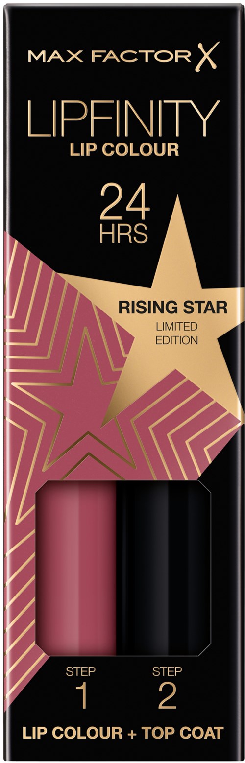 A lipstick box in black, gold and pink with a star design. It shows 24-hour wear and two steps for color and top coat.