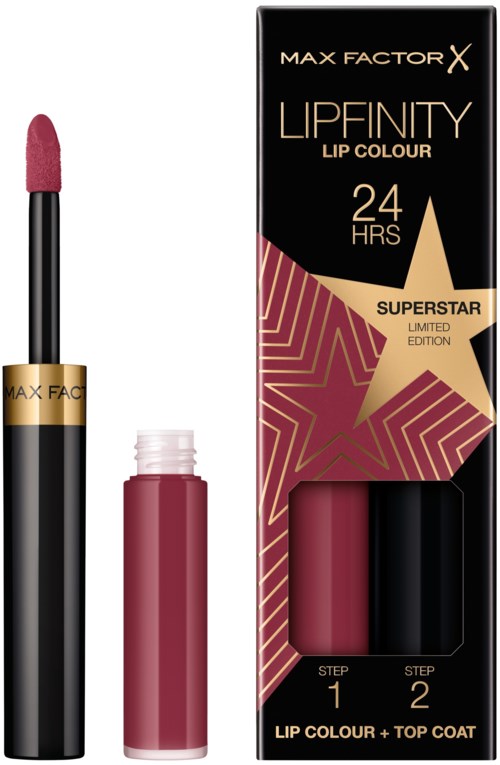 A lipstick bottle with a wand and a box, showing a lip color product from Max Factor, limited edition, 24-hour wear.