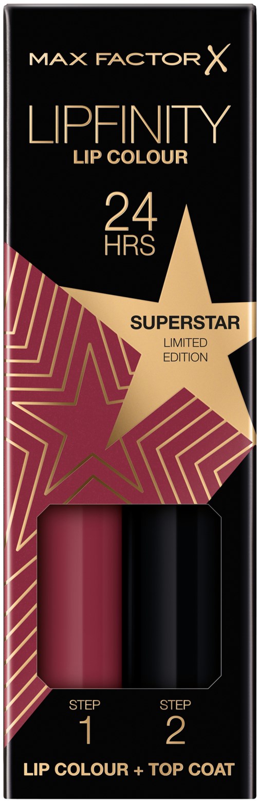 A lipstick box with a black, gold, and red design, stating it lasts 24 hours and is a limited edition.