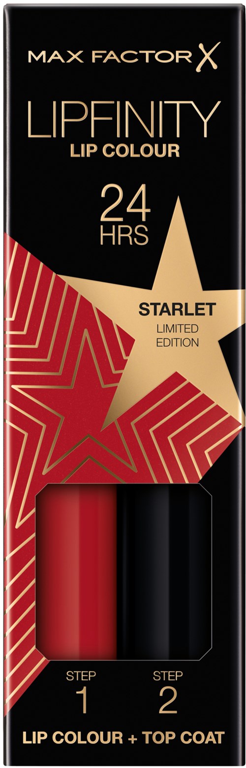 Die Verpackung zeigt, dass der Lippenstift von Max Factor ist, namens Lipfinity, in Starlet, hält 24 Stunden, mit Schritt-für-Schritt-Anwendung.
