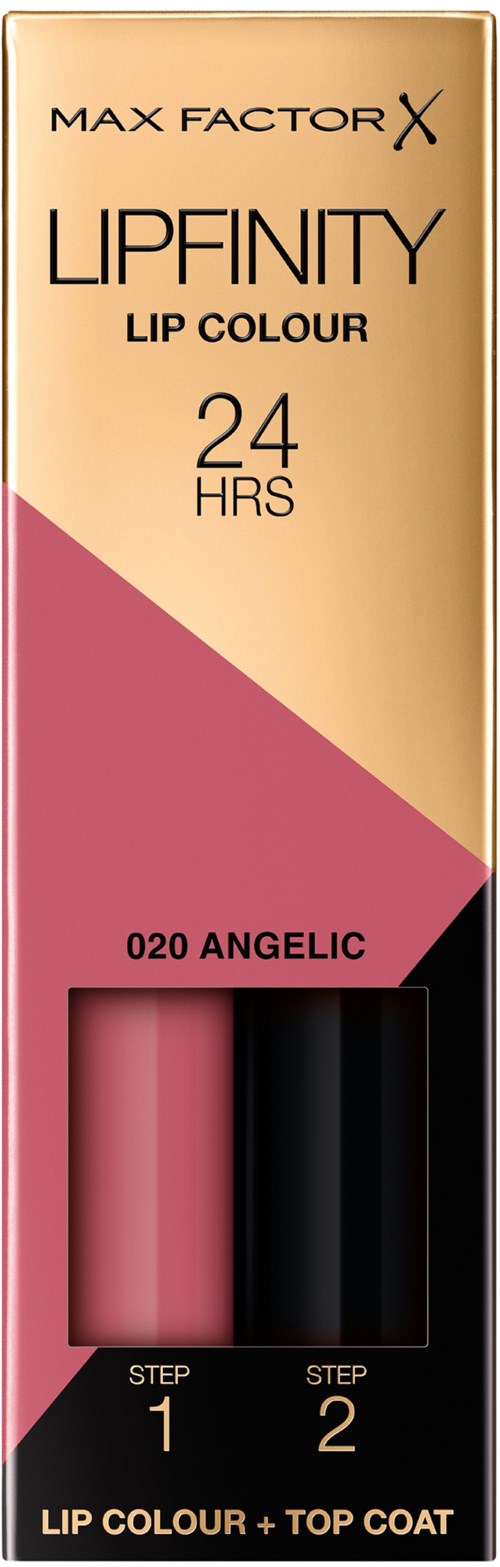 De afbeelding toont een lippenstiftkastje met twee kleuren, roze en zwart, en tekst over 24 uur houdbaarheid.
