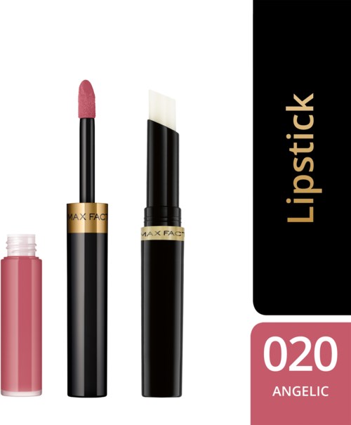 Lippenstift met roze kleur, applicator en lipgloss container, gelabeld 'Angel' en nummer '020'.