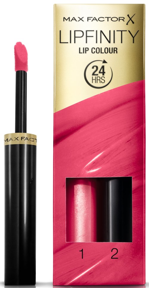 Läppstift med rosa nyans, svart tube och kartong som visar läppstiftfärger.