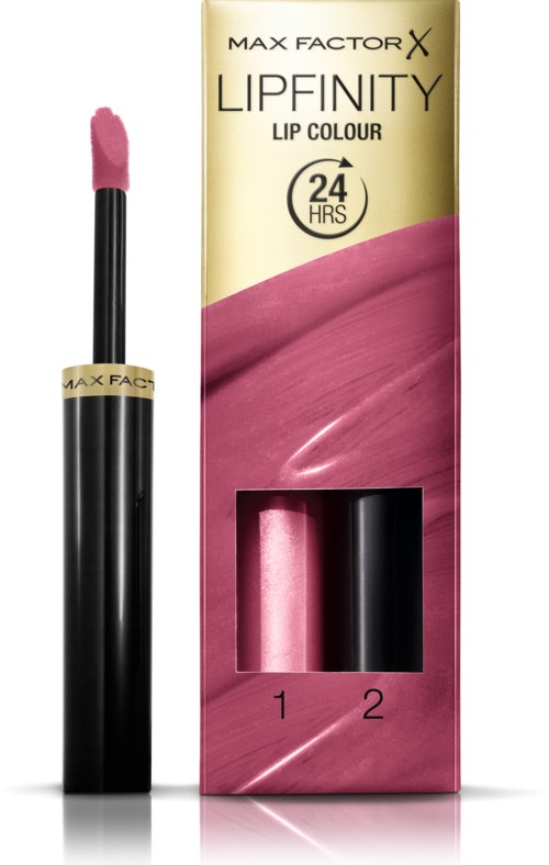 Läppstift med rosa nyans i ett svart fodral, och en förpackning som visar märke, färg och 24-timmars hållbarhet. Två läppstift inuti.