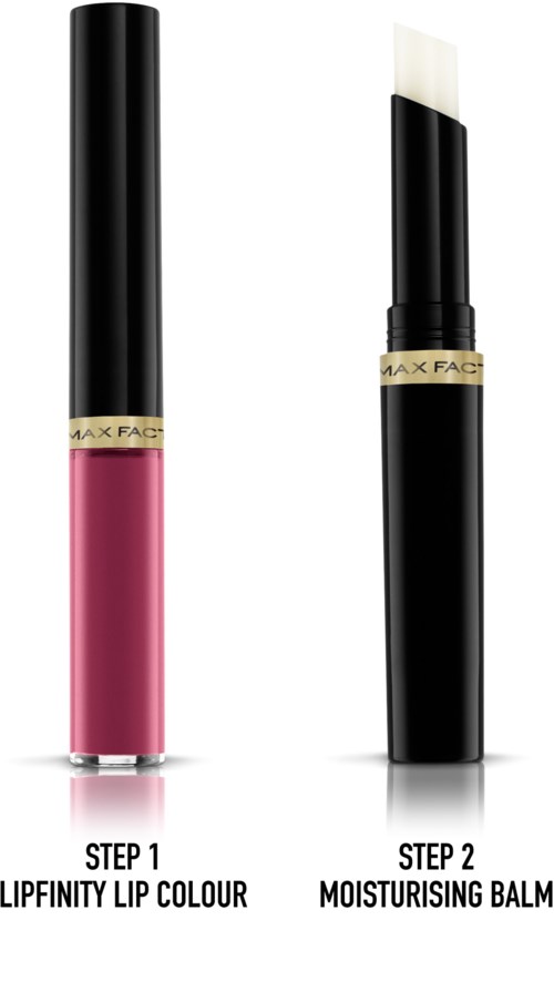 Läppstift i ett rosa rör och ett svart klämblock för återfuktning, båda är del av en skönhetsprodukt.