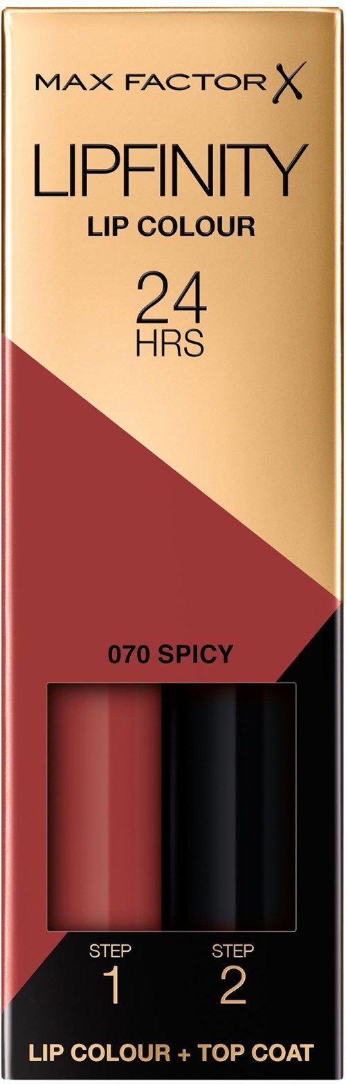 Lippenstift-Box mit zwei Farben, als Schritt 1 und Schritt 2 gekennzeichnet, in Rot und Schwarz, hält 24 Stunden.
