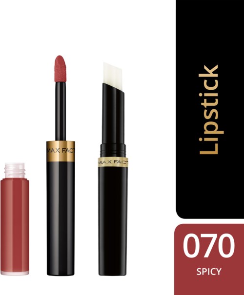 Lippenstift und Lipgloss in roter Farbe, mit der Bezeichnung '070 Spicy,' in schwarzer Verpackung mit goldenen Akzenten.