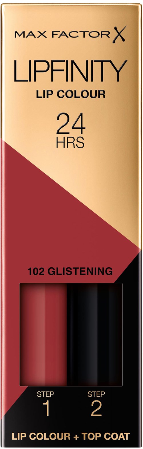Lippenstiftverpackung mit zwei Farbtönen, rot und schwarz, für verschiedene Anwendungsschritte. Es ist von Max Factor.