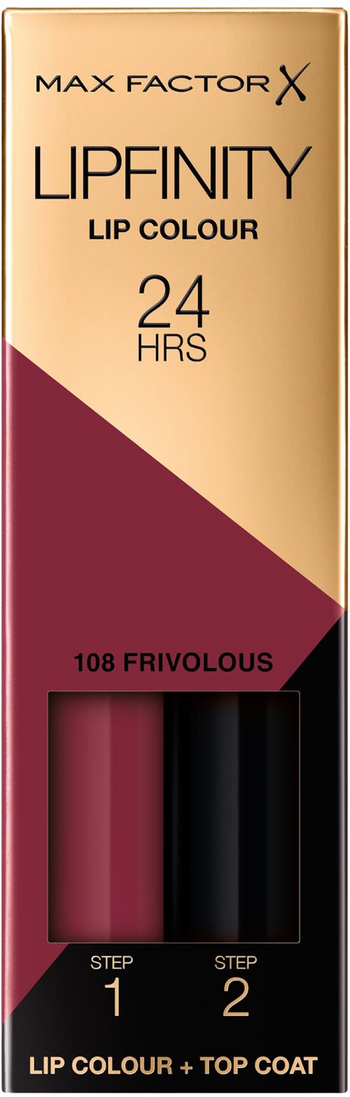 Eine Schachtel zeigt zwei Lippefarben, pink und schwarz, für langlebigen Lippenstift mit Anweisungen.
