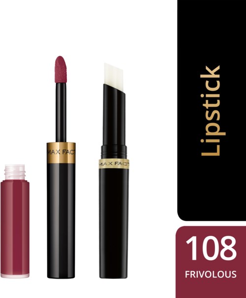 Lippenstift, Applikator, Lippenpflege in schwarzer und goldener Verpackung. Text zeigt Farbnummer 108 und Namen Frivolous.