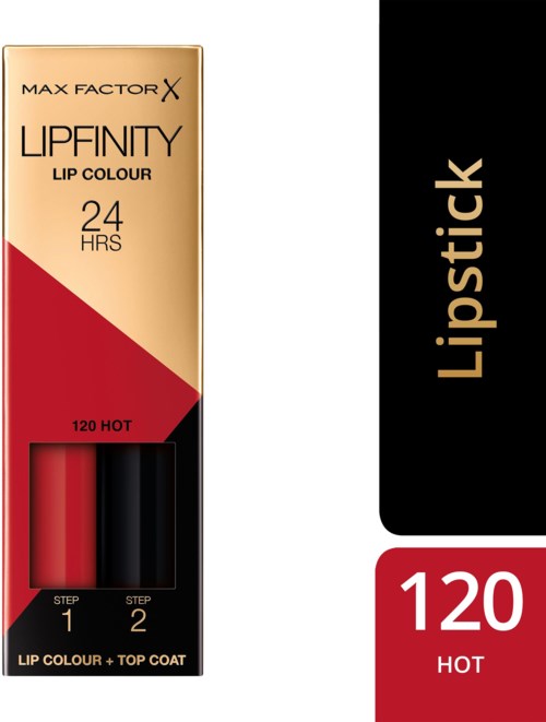 Lippenstiftverpackung in Beige, Rot und Schwarz. Enthält zwei Nuancen, gekennzeichnet als hot und Schritt 1 und 2, für langanhaltende Farbe.