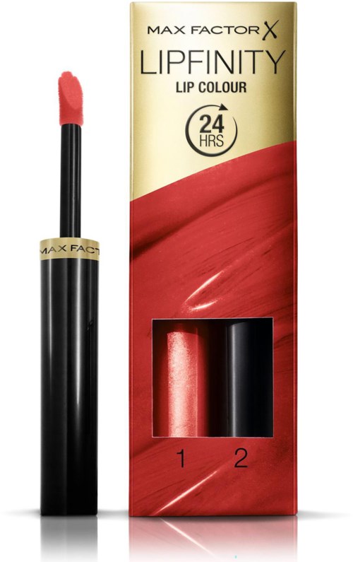 Lippenbalsem in een zwart tube met gouden ring en rode tint. Verpakking toont twee kleuren, blijft 24 uur.