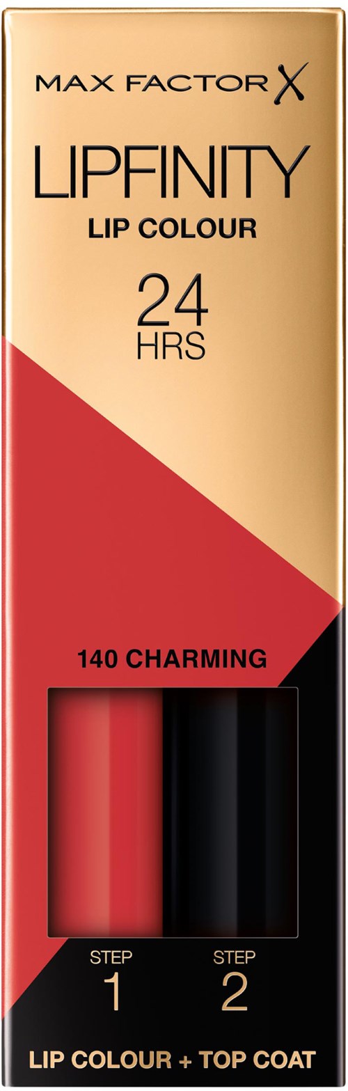 Ein Lippenstiftset in einer Box mit zwei Farben, rot und schwarz, für langanhaltende Wirkung und Anwendungsschritte.