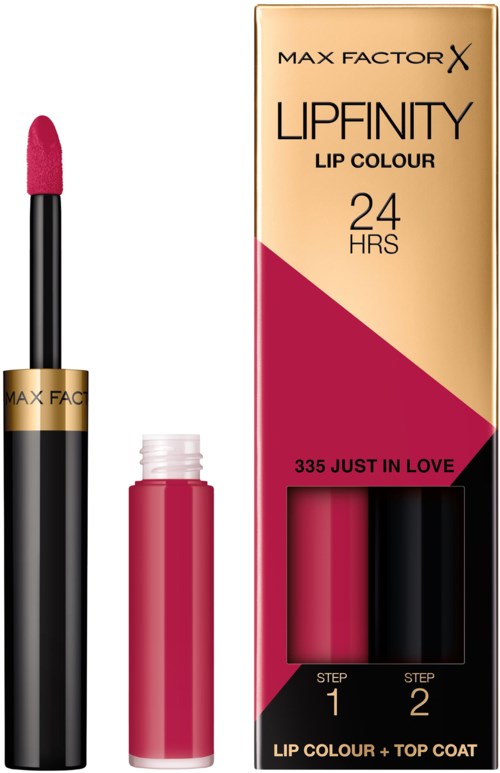 Lipgloss buis, roze kleur, met zwart en goud verpakking, genaamd Lipfinity, van Max Factor, 24 uur houdbaarheid, tint 335.