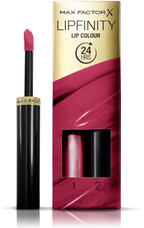 Läppglansrör bredvid sin förpackning med rosa lock och 24-timmars märkning.
