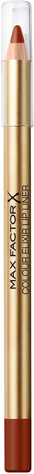 Een goudkleurige make-uppotlood met doorzichtige dop, gemerkt Max Factor X, met een bruine punt.