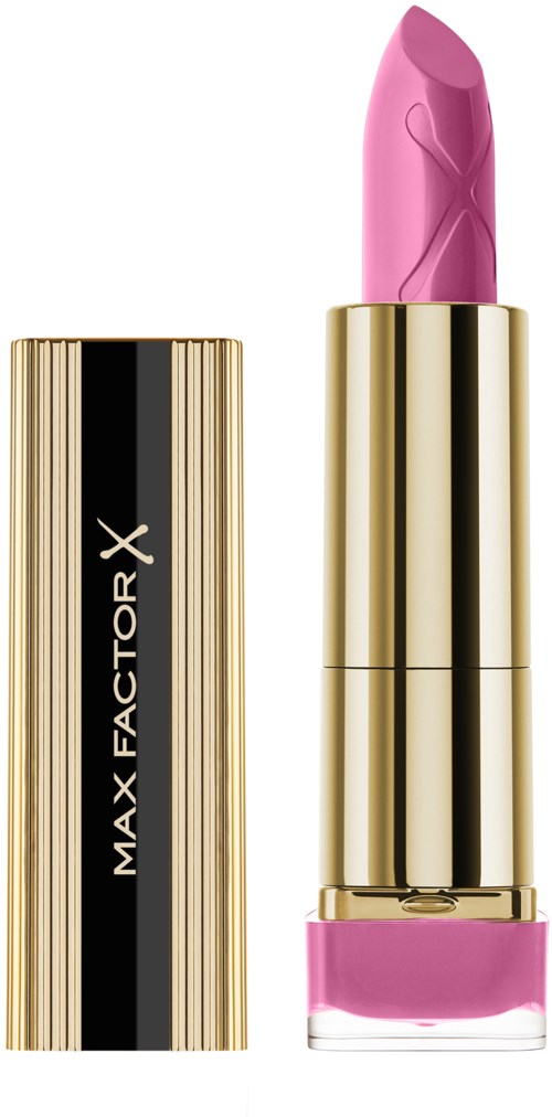 Ein rosa Lippenstift mit goldener und schwarzer Hülle, Marke Max Factor X, steht auf.