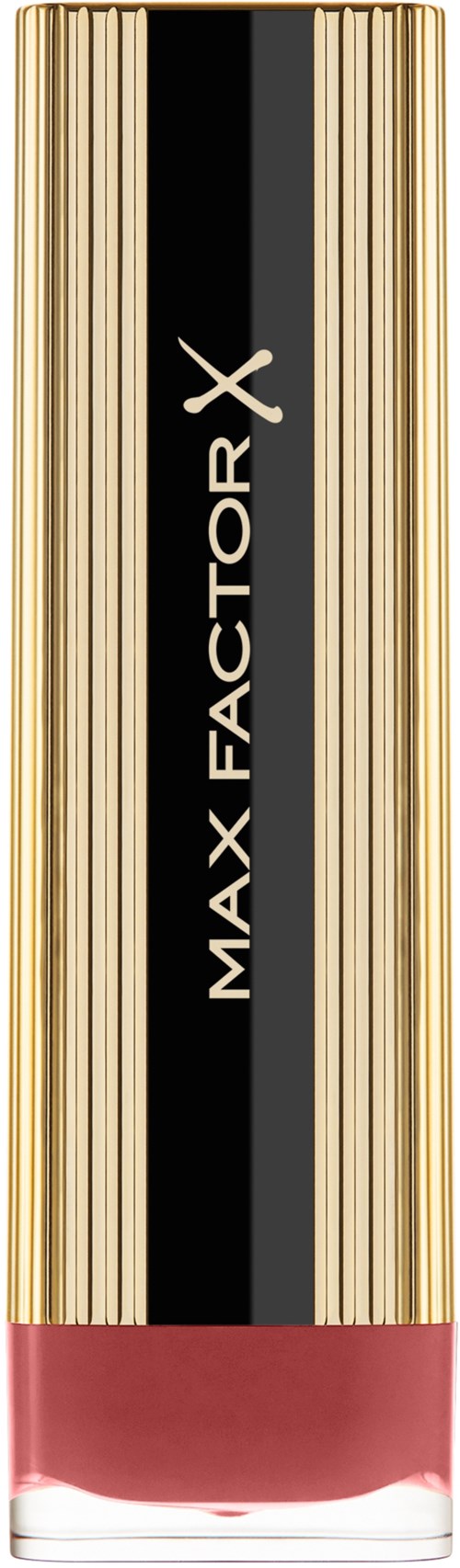 A tall lipstick tube with gold stripes and a black center, labeled 'Max Factor X'. Pink lipstick visible at the bottom.