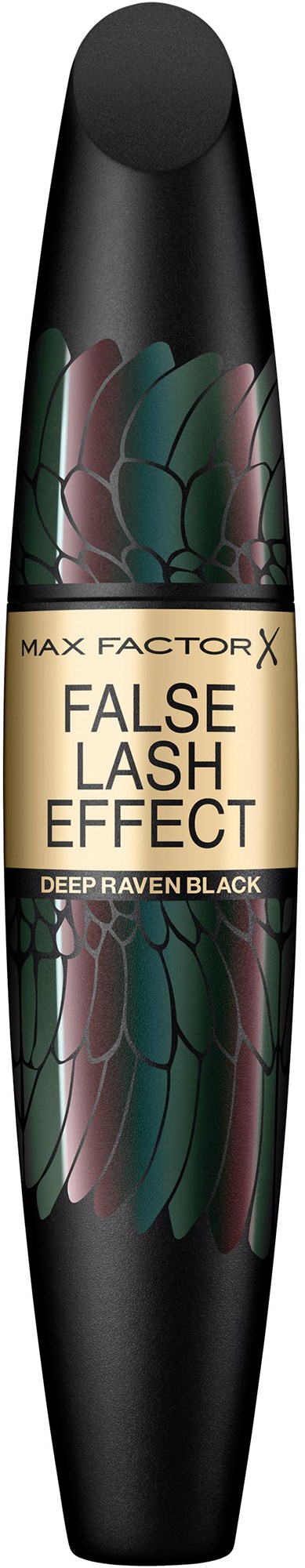 A mascara tube with black body and colorful floral design, labeled "False Lash Effect," in the image.