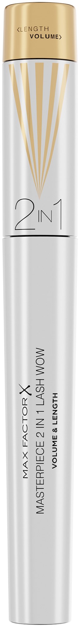 Een witte en gouden tube met de tekst "2 in 1" en andere details over een mascara.