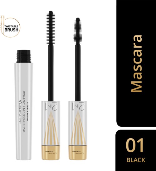 Twee mascara tubes en een uitgevouwen mascara kwast met draai-borstel worden getoond. De producten zijn zwart, wit en goud. Logo zegt 'Twistable Brush'.