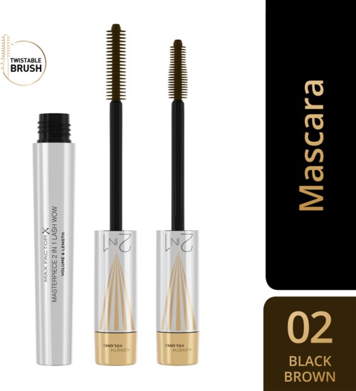 Two mascara wands with black-brown bristles and a white mascara tube labeled 'MASTERMASCARA' are shown.