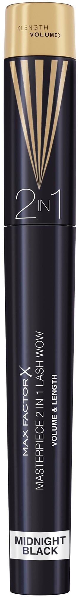 Ein Mascara-Rüssel mit schwarzem und goldfarbenem Design, beschriftet "Masterpiece Max" und "Midnight Black".
