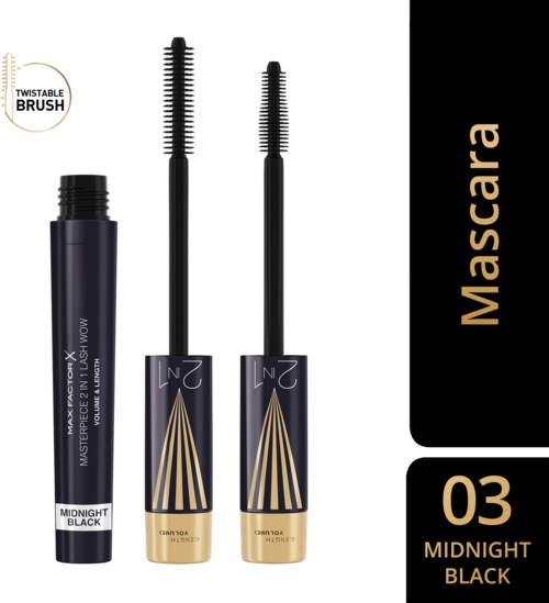 Zwei Mascara-Bürsten und eine Tube mit Drehbürste, in Schwarz-Gold-Verpackung, beschriftet "Midnight Black."