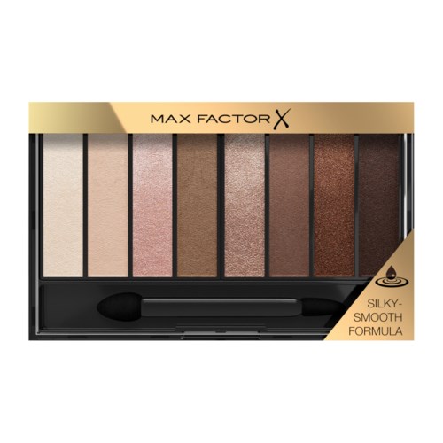 Een oogschaduwpalette met acht tinten en een kleine dubbele applicatorborstel.