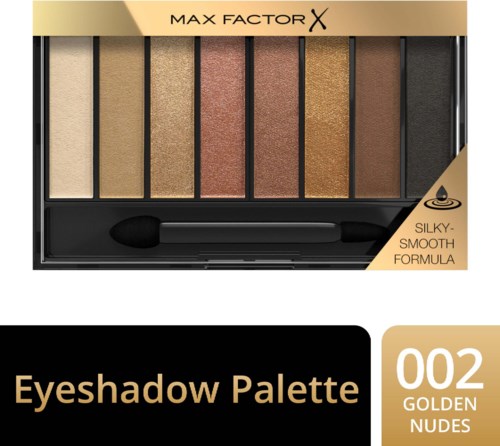 Eine Lidschattenpalette mit acht Farben, genannt Golden Nudes, von Max Factor. Sie hat eine seidige und glatte Formel.