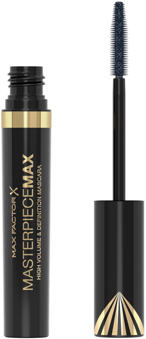 Ein schwarzer Mascara-Röhre mit Bürste, beschriftet Max Factor X Masterpiece Mix für Volumen und Definition.