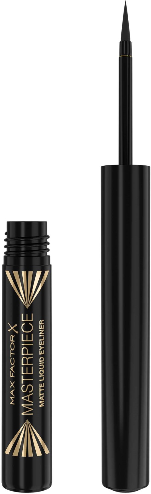Mustapuna nestemäinen eyeliner-sävy, jossa on kultainen ja musta pakkaus ja tarkka sivellintuube.