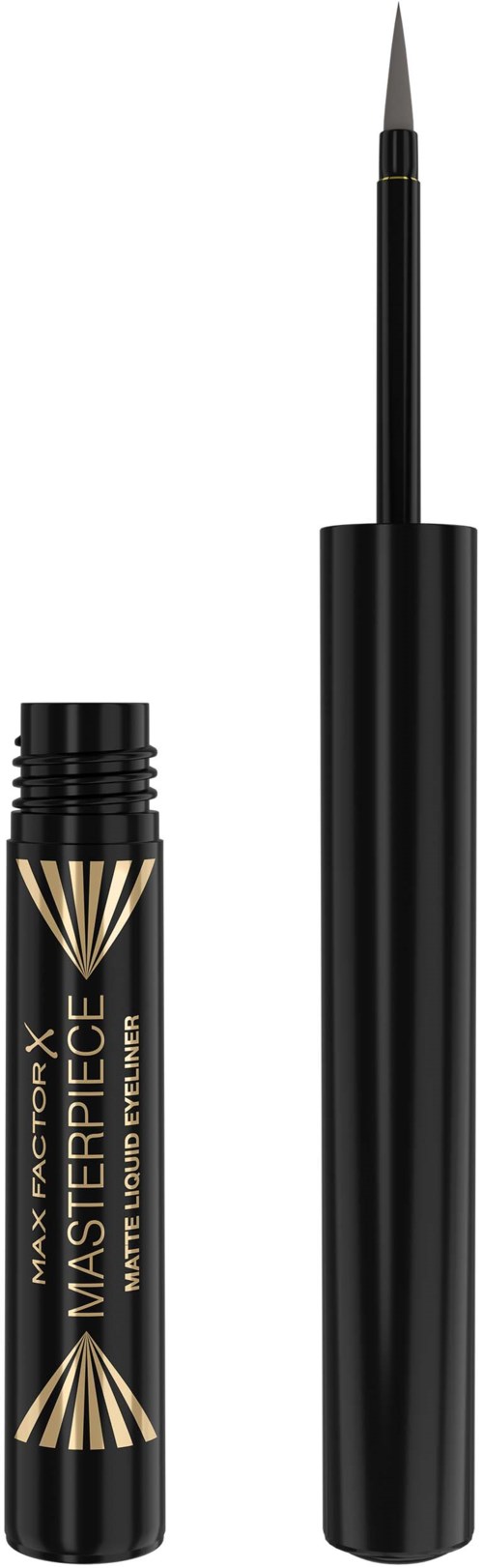 Flüssiger Eyeliner-Stift mit langem Pinsel, in schwarzem Behälter mit 'Masterpiece' beschriftet.