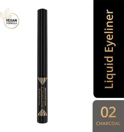 Ein schwarzer flüssiger Eyeliner mit goldenen Akzenten und einem veganen Formelzeichen.