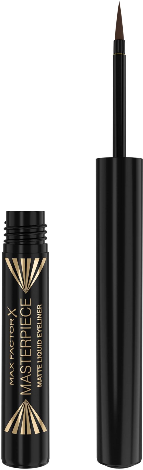 Een zwarte buis met een gouden ontwerp, een dop en een kwastapplicator, waarschijnlijk voor make-up of nagellak.