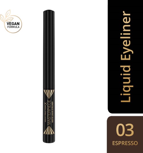 Een zwarte vloeibare eyeliner met gouden details, gemarkeerd 'Masterpiece' en '03 Espresso', en een vegan formulebadge.