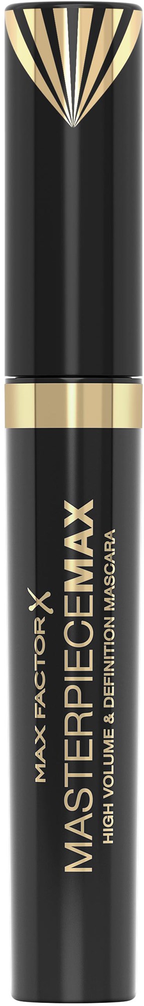 Een zwarte tube met gouden accenten en de tekst "MAX FACTOR MASTERPIECE MAX".
