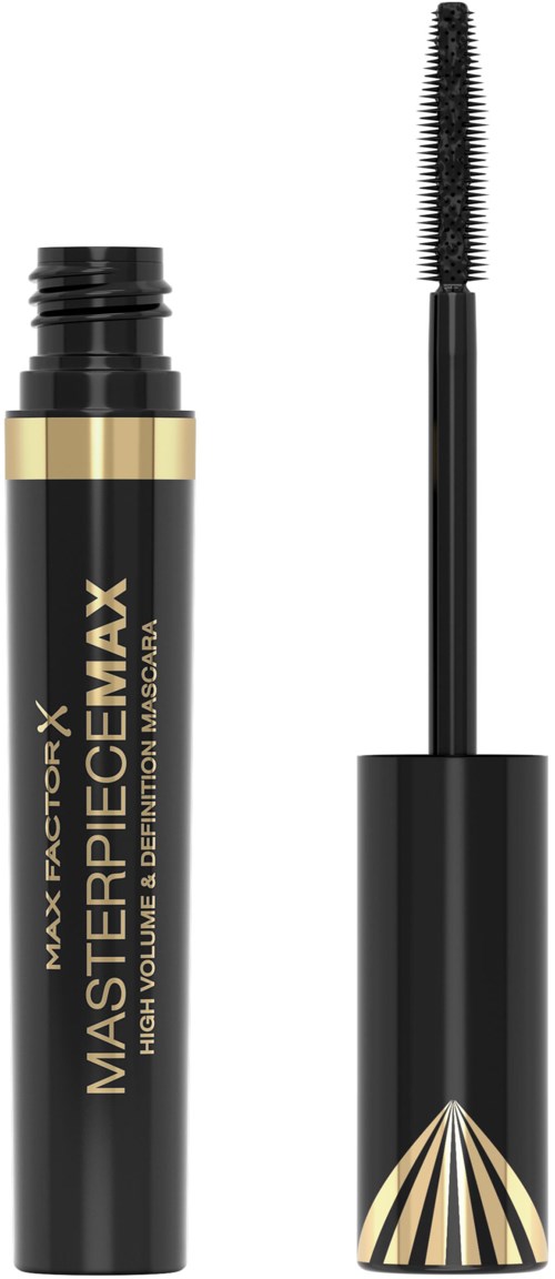 Zwarte mascara-tube met gouden accenten, applicator met borstel voor wimpers.