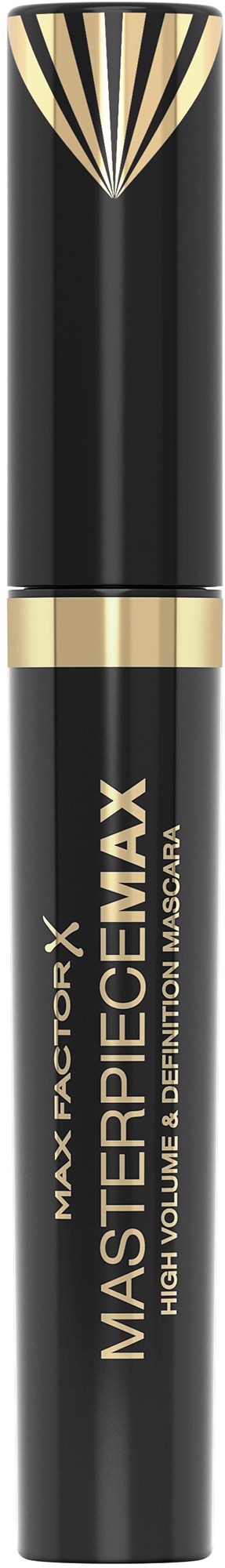 Een zwarte mascarahuls met gouden accenten en de tekst 'Masterpiece Max'.
