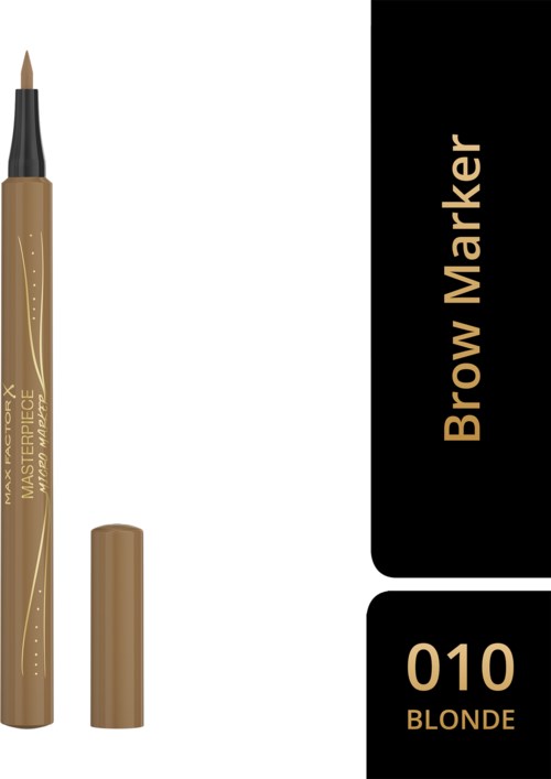 Kulmakynä ja kansi vieressä, merkintä "Brow Marker 010 Blonde," yksinkertaisella taustalla.