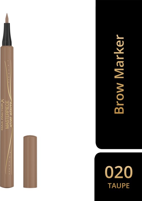 Beigen sävyinen kulmaluuväritystudu, jossa on suoja, merkinnällä "Brow Marker 020 Taupe," näkyy valkoisen ja mustan taustan päällä.