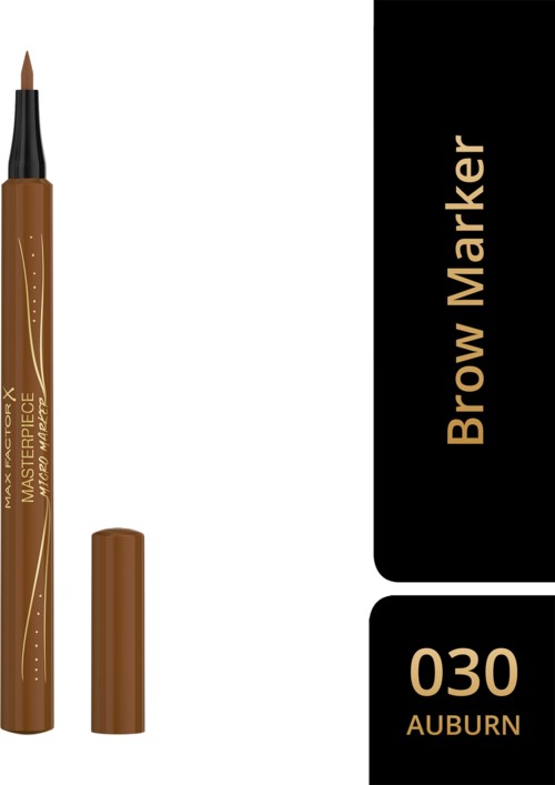 Kulmaluonnollinen kynän muotoinen kulmakynä, jossa musta ja kulta pakkaus, nimeltä 'Brow Marker 030 Auburn', kansi poistettu.