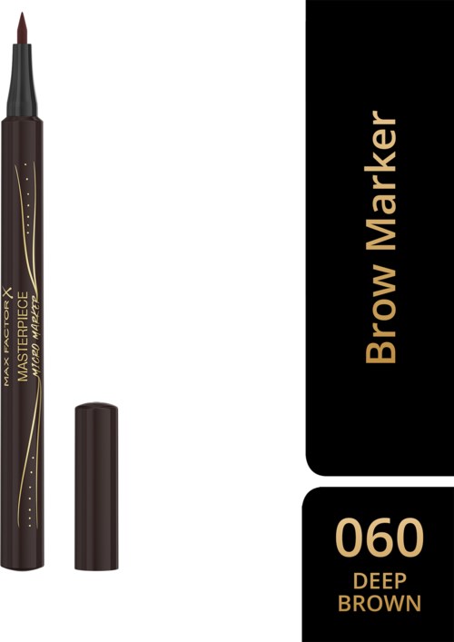 Tumman vihreän kulmakynän korkilla, merkitty sävyksi 060 Deep Brown, mustavalkoisella taustalla.