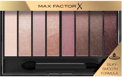 Max Factor oogschaduw palette met acht tinten van licht tot donker in een slank zwart en goud doos.
