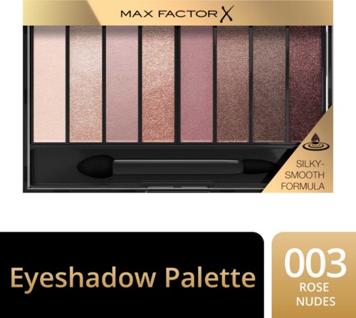 Palet met roze en bruine oogschaduws met een sponsapplicator. Gelabeld als 'Eyeshadow Palette' in roze en nude tinten.